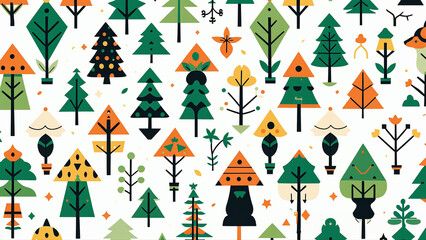 illustration of bears animals in nature. Big trees and forest. Repeated and decorative designs are used for packaging, decorating, interior design, wallpapers, banners