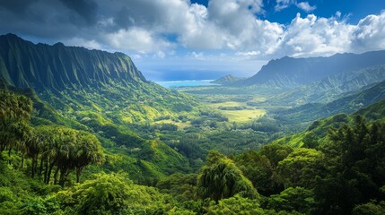 Panoramic view of Hawaii's mountain landscape with dense forests and distant beaches