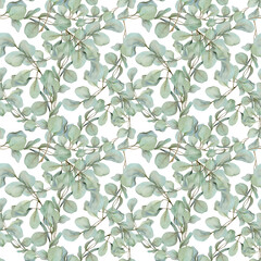 Eucalyptus laurel branches, leaves with red berries. Watercolor hand drawn illustration, seamless pattern isolated on white. Xmas, happy new year festive, noel navidad. Print paper, textile, fabric