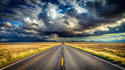 Naklejka premium Depiction of a long asphalt road disappearing into a cloudy landscape