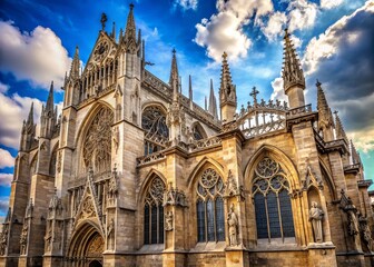 Fototapeta premium Majestic Gothic cathedral's exterior showcases intricate stone carvings and soaring flying buttresses, conveying