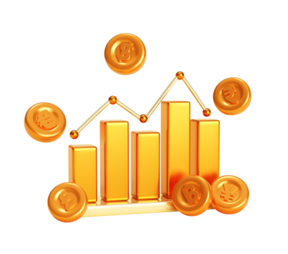 Gold Bar Chart with Line Graph – 3D Background Illustration of Financial Data and Global Currencies