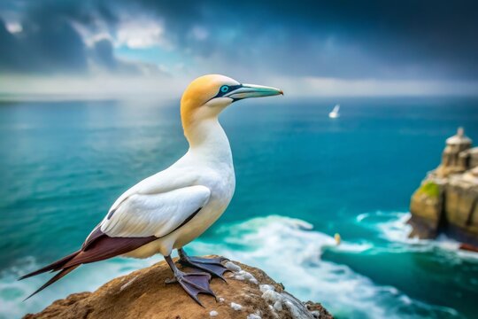 Majestic grey and white ganet seabird perched on rocky coastline, strong wings outstretched, gazing out at calm