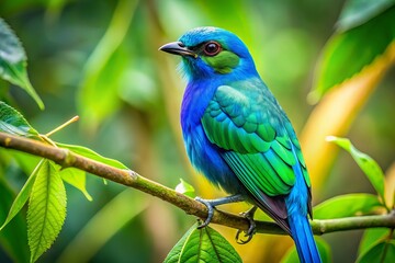 Obraz premium Majestic iridescent blue avian perches on a vibrant green branch, feathers shimmering with subtle nuances of turquoise,
