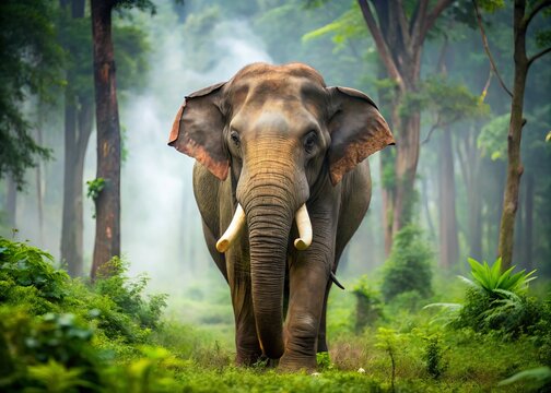 Majestic Indian elephant, Elephas maximus indicus, with wrinkled gray skin and curved tusks, roams freely in a lush,