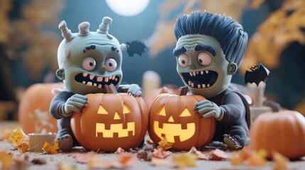 Fototapeta premium Spooktacular Halloween Fun: Frankenstein Characters Carving Pumpkins in 3D Illustration, Generative AI