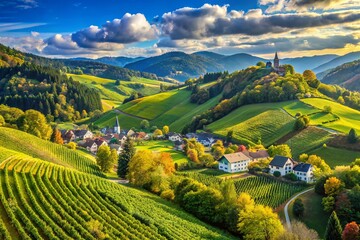 Naklejka premium Majestic mountainous landscape of Thal, Styria, Austria, featuring rolling hills, verdant forests, and serene villages