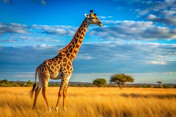 Obraz premium Majestic northern giraffe with distinctive coat patterns and long neck roam freely in a sun-drenched savannah landscape