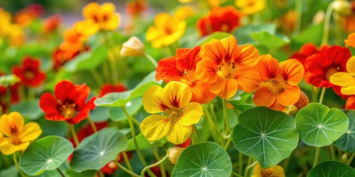 Garden nasturtium plants with orange and yellow flowers tropaeolum majus growing in a flowerbed