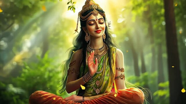 Hindu Goddess Meditating in a Lush Forest with Sunlight