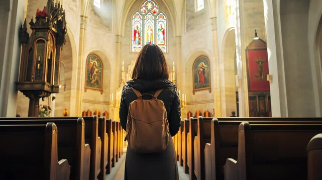 Woman Standing in a Majestic Church Admiring the Architecture