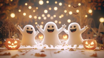 Obraz premium Spooky Fun: Children in Ghost Costumes Dancing at Halloween Festival - 3D Illustration with Glowing Lanterns, Generative AI