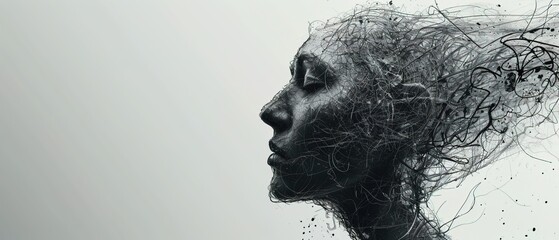 complicated abstract mind illustration. empty head with messy line inside 
