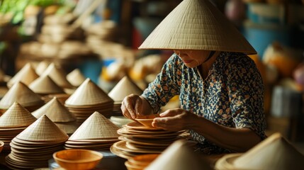 Crafting of traditional conical hats in a Vietnamese village, using age-old techniques
