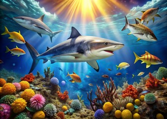 Majestic shark and whale swimming together in harmony, their sleek bodies gliding through coral reef waters, surrounded
