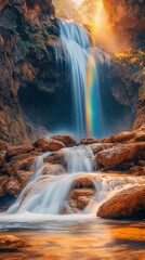 Majestic Waterfall Cascading over Rocky Ledges with Enchanting Rainbow - Serene Nature Scenery