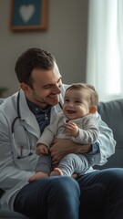 Obraz premium Pediatric doctor in a white medical coat holds a small child on their lap, creating a comforting and caring environment. Trust, compassion, and child-centered medical care.