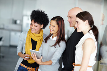 Planning, tablet and workshop with business people in office for meeting, collaboration and creative. Design prototype, system launch and identity development with employee in branding startup