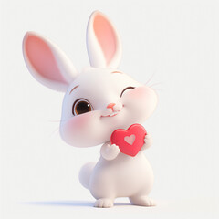 White WInking Rabbit and Holding a Red Heart Isolated on White