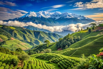 Fototapeta premium Majestic snow-capped Sierra Nevada mountain range rises above lush green coffee plantations and misty valleys in the