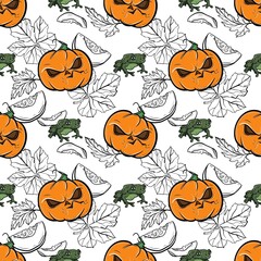 Seamless pattern with pumpkins and frogs, graphics with colored elements. Pumpkins with different emotions. Print for wrapping paper, textiles, poster, gift paper