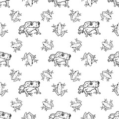 Line art seamless pattern.Black and white line art of frogs. Monochrome illustrations for Halloween.  Print for wrapping paper, textiles, poster, gift paper