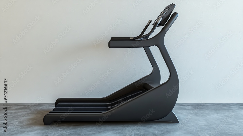 Poster modern black treadmill with digital display and handrails