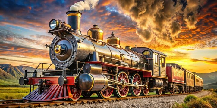 Vibrant stock photo of vintage steam locomotive showcasing polished exterior and intricate details, capturing the charm of historical trains