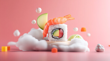 Colorful sushi creation on a pink background, featuring shrimp, avocado, and fresh ingredients, appealing to food enthusiasts.