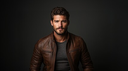 Confident Young Man in Leather Jacket on Dark Background