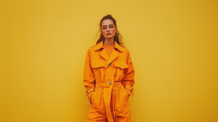 Fototapeta premium Confident young woman in stylish orange outfit with matching background