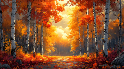 A stunning autumn scene with tall birch trees and vibrant orange, red, and yellow foliage. The forest floor is covered with fallen leaves, bathed in golden sunlight.