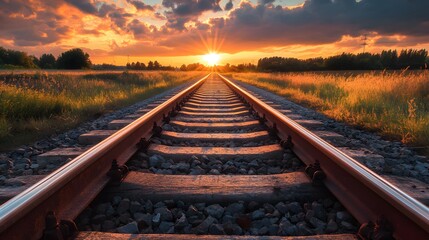 Close-up of railroad tracks with gleaming metal under a dramatic sunset, vibrant light creating reflections, detailed rust and worn edges of the rails, mood of perseverance and commitment, inspiring