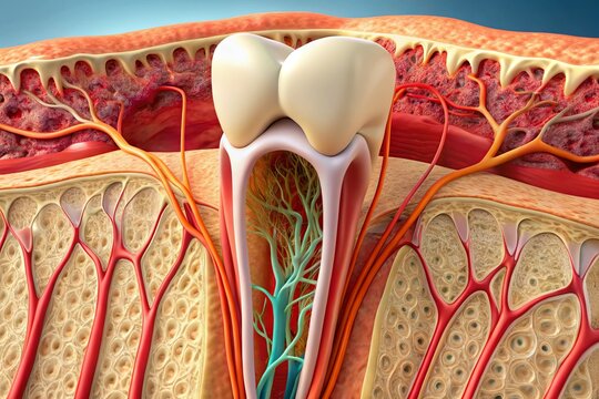 Microscopic illustration of a tooth's periodontal ligament, showcasing dense fibrous connective tissue attached to the