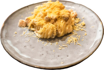The delicious European food: Spaghetti salmon cream cheese .