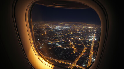 Naklejka premium A night view from an airplane window overlooking a city illuminated by street and building lights. Bright road lines create a lace of light against the dark sky