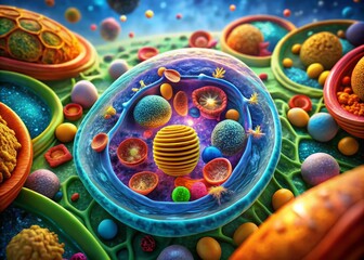 Fototapeta premium Microscopic view of cellular structure showcasing nucleus, mitochondria, and cytoplasm, with vibrant colors and