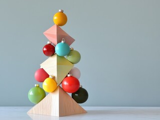 Sapin géométrique en bois avec boules colorées sur fond pastel