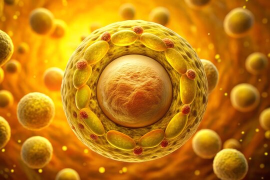 Microscopic view of a human ovum, or egg cell, with a prominent nucleus and delicate filaments, suspended in