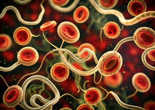 Microscopic view of microfilaria parasites, thread-like worms with rounded ends, suspended in a blood sample,