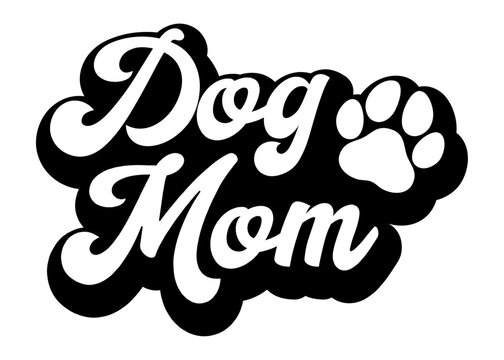 Logo pet friendly. Frase dog mom en texto manuscrito con zarpa de perro o gato con sombra 3d