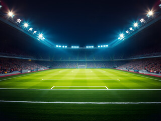 Sports Stadium with Green Grass Field and Blue Spotlights, Nighttime Splendor, Sports tournament, world championship Photography. Generative AI.