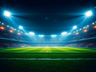Sports Stadium with Green Grass Field and Blue Spotlights, Nighttime Splendor, Sports tournament, world championship Photography. Generative AI.