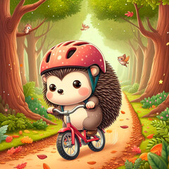 Hedgehog cyclist on a path in an autumn forest.