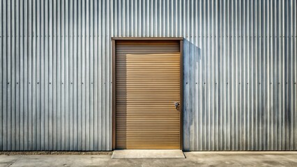 Painted corrugated metal door against a concrete wall and ground
