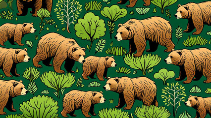 illustration of bears animals in nature. Big trees and forest. Repeated and decorative designs are used for packaging, decorating, interior design, wallpapers, banners