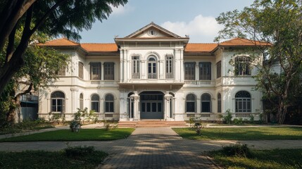 Old French colonial government buildings in Vietnam, repurposed for modern use