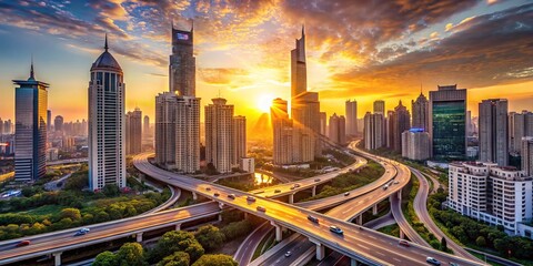 Fototapeta premium Modern cityscape with sleek skyscrapers, organized streets, and a complex network of roads, highways, and