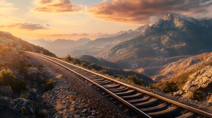 Railroad tracks meandering through a picturesque mountain range, golden hour light creating warm hues and deep shadows, detailed rugged terrain and tracks, mood of determination and commitment,
