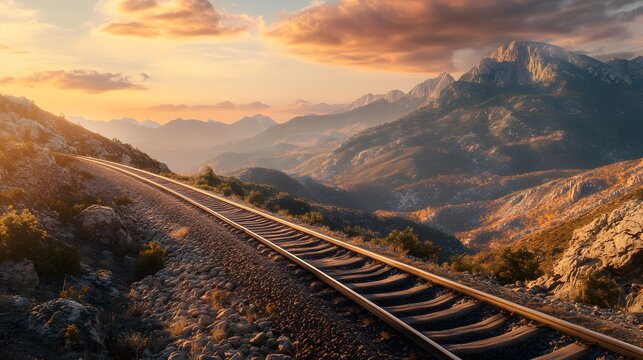 Railroad tracks meandering through a picturesque mountain range, golden hour light creating warm hues and deep shadows, detailed rugged terrain and tracks, mood of determination and commitment,
